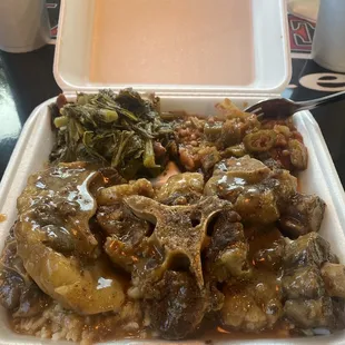 Oxtails, greens, rice &amp; stewed okra