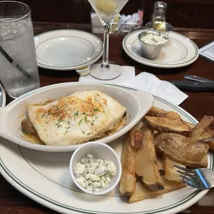Halibut stuffed with crab cakes &amp; steak fries