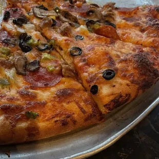 a half eaten pizza on a pan
