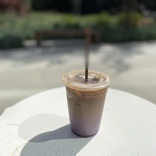 Iced ube latte with oatmilk