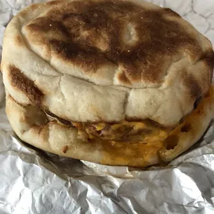 Breakfast sandwich--egg white, cheddar cheese, sausage patty on English muffin, all for under $5