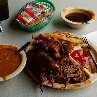 Rib &amp; beef plate w/ fries, Brunswick stew, sweet tea and an extra side of sauce.   It&apos;s a BBQ joint, w/ mediocre food.