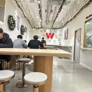 Inside - bright and decorated for the holidays