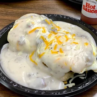 The "Wallburg Benedict", which is a split biscuit with two sausage patties, two eggs, cheese and gravy. Good stuff!