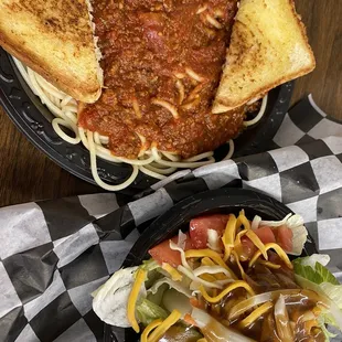 Spaghetti and salad