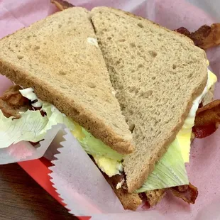 My Bacon, Egg &amp; Cheese sandwich was on wheat toast with mayo and lettuce (crunchy water) just the way I like it!