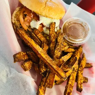 Italian grilled chicken sandwich with sweet potato fries and cinnamon honey.