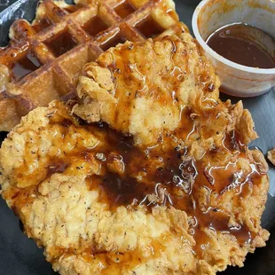 Chicken and Waffles with Chipotle maple syrup- OMG! So good!