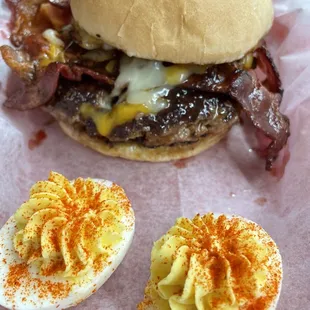 Cowboy burger with a side of deviled eggs- wow! That burger and those eggs were so delicious!