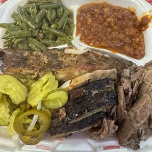 Brisket, ribs, green beans and baked beans