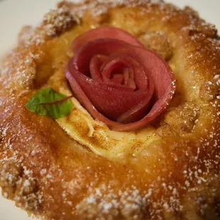 Apple &quot;Flour&quot; Brioche Tart (Hibiscus poached apple, apple butter, cinnamon pastry cream, oat streussel)