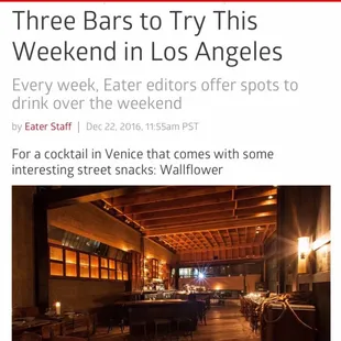 EATER LA &quot;For a cocktail in Venice that comes with some interesting street snacks: Wallflower&quot; by Farley Elliott (published 12/22/2016)