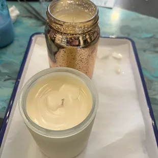Curing candles! Mine is the back one in the taller vessel (so sparkly and pretty) and my eldest chose a frosted vessel.