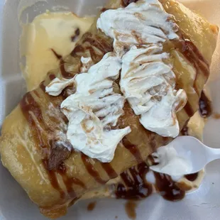 Wallychanga--deep fried tortilla filled with Mac &amp; cheese and pulled pork. Covered in melted cheese, bbq and sour cream.