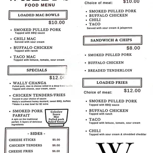 the menu for wally's