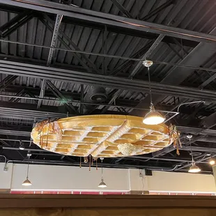 a surfboard suspended from the ceiling
