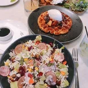 Purple &amp; Blue salad, Waffle, Steak &amp; Egg