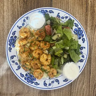 Shrimp Kabobs Plate - 12 shrimp pieces served with rice, salad, garlic, tzatziki &amp; pita