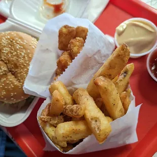 Normal cheese burger, fries and tots