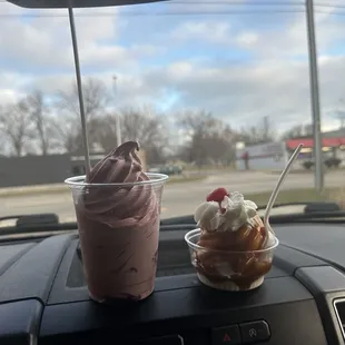 BlackBerry Frozen yogurt and a small Carmel sundae.