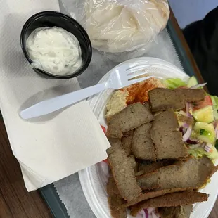 Gyro Platter with salad and hummus