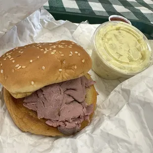 Wally&apos;s roast beef sandwich with potato salad