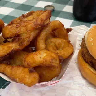 Pork tenderloin sandwich and onion rings.