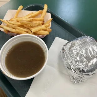Roast beef with cheddar, au jus and fries.