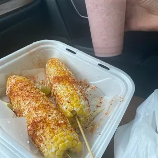 Elotes and a 1/2 horchata&amp;strawberry drink! Bang Bang people