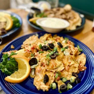 a blue plate of food
