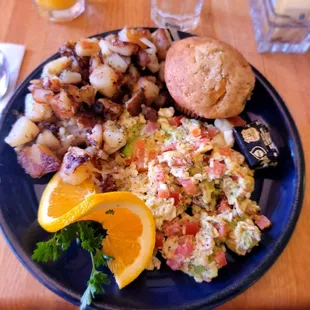 Feta, Tomato, Basil Scrambles with Fresh muffin