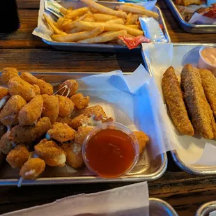 Spicy cheese curds and fried pickles