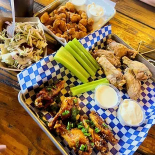Korean wings, Ranch dry rub wings, slaw, and fried slaw. All phenomenal