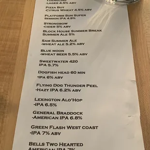 Beer menu