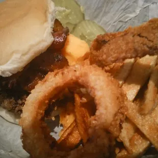 Bacon Cheddar Burger with onion rings/fries mix.