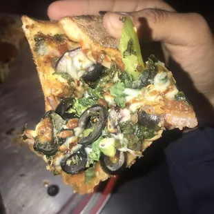 a hand holding a slice of pizza