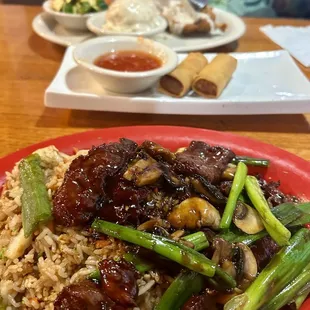 Mongolian Beef, Fried Rice, Spring Rolls, Chicken Fried Chicken
