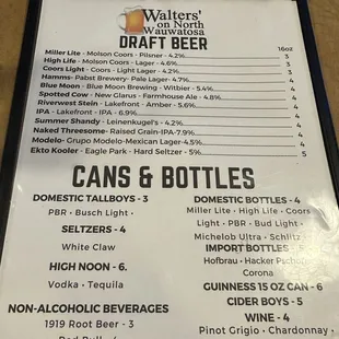 Drinks menu