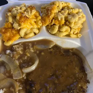 Salisbury steak over white rice &amp; mac.