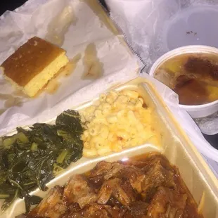 Rib Tips! Mac~N~Cheese, Greens, Cornbread!!! IM FULL and Satisfied, reasonably price, and tasteful!