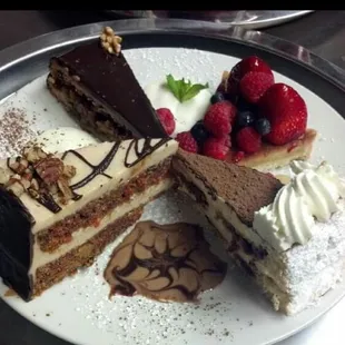 Chocolate carrot cake, tiramisu, walnut torte, mixed berry tart