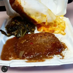 Salisbury Steak on a Bed of White Rice, Collard Greens, Mac and Cheese, Cornbread