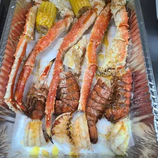 King crab legs with lobster tails and corn on cob. Give it a try... Won&apos;t b disapointed .