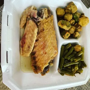 Turkey wing, fried okra and green beans