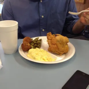 Fried chicken, potato salad, hush puppies, green beans