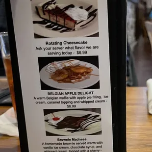 a menu for dessert
