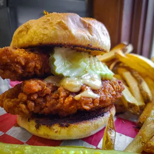a chicken sandwich and french fries