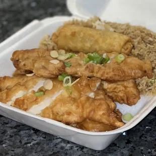 Almond Boneless Chicken with Egg Roll and Fried Rice