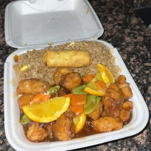 Orange Chicken with Egg Roll and Fried Rice
