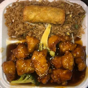 Sesame Chicken with Egg Roll and Fried Rice